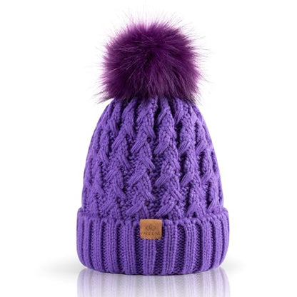 PAGE ONE Womens Winter Ribbed Beanie Crossed Cap Chunky Cable Knit Pompom Soft Warm Hat - color: Light Purple