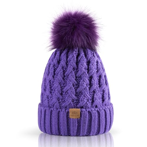 PAGE ONE Womens Winter Ribbed Beanie Crossed Cap Chunky Cable Knit Pompom Soft Warm Hat - color: Light Purple