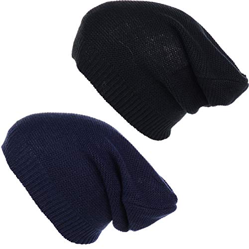 an Unisex Striped Knit Slouchy Beanie Hat Lightweight Soft Fashion Cap - color: 5014-2pk-navy