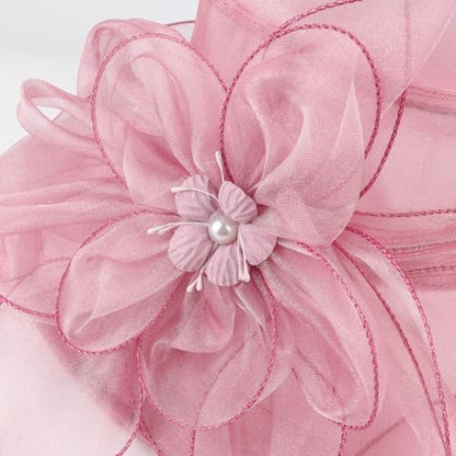 AQOKKA Women Organza Church Fascinators Kentucky Derby Hats for Women and Girls Wedding Flower Tea Party Hat with Wide Brim - color: Simulated Flower : Light Pink