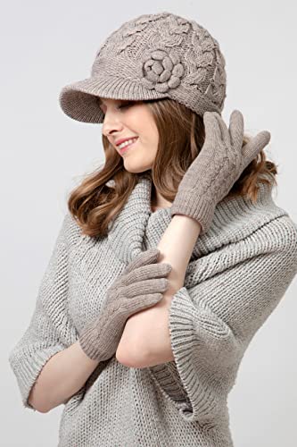 Womens Winter Elegant Cable Flower Knitted Newsboy Cabbie Cap Beret Beanie Hat with Visor, Warm Plush Fleece Lined - color: Dk. Beige Cable Flower-hat Gloves Set