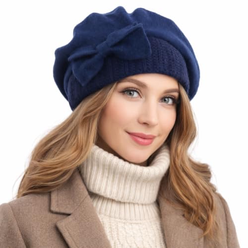 VECRY Women's 100% Wool Bucket Hat Felt Cloche Beret Dress Winter Beanie Hats - color: Beret-navy