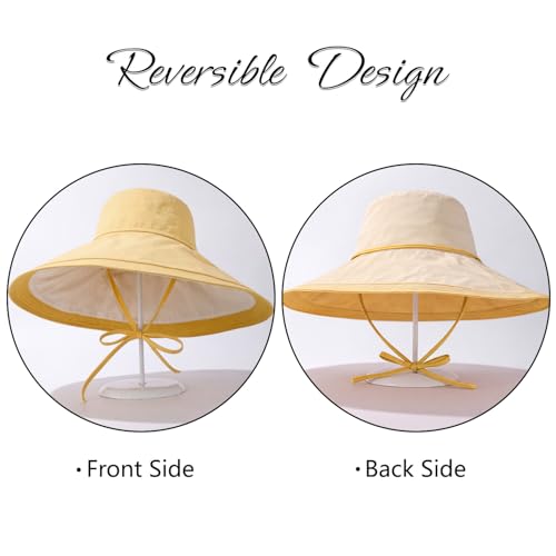 Wide Brim Sun Hat for Women Reversible Beach Hats Metal Wired Edge Gardening Hats, UPF 50+ Bucket Summer Hat - color: Yellow Beige