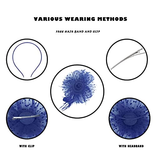 Century Star 2026 Kentucky Hat Derby Fascinator for Women Tea Party Flower Mesh Ribbons Feathers Headband Hair Clips - color: Navy