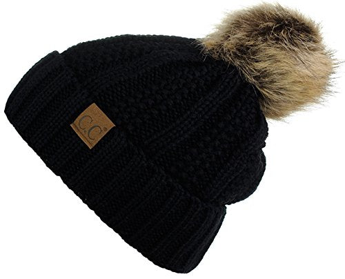 C.C Thick Cable Knit Faux Fuzzy Fur Pom Fleece Lined Skull Cap Cuff Beanie - color: Black