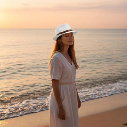 Straw Fedora Hat for Men Panama Hat Short Brim Summer Sun Hat - color: A-white