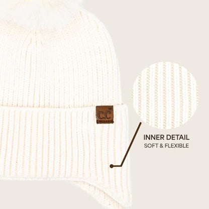 C.C Sequin Pom Beanie for Women - Acrylic Stretchable Soft Warm Knit Winter Skully Hat with Yarn Pom - color: Earflap-ivory