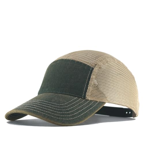 Washed Cotton Twill Five Panel Adjustable Camper Caps - color: Dirty Wash Dark Green/Khaki Mesh