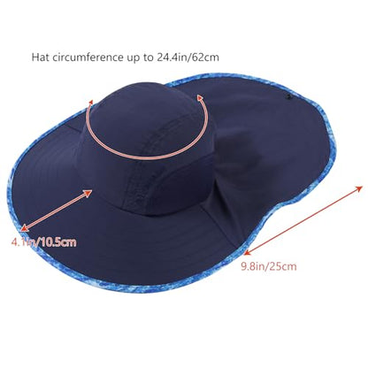 BASSDASH UPF 50+ Unisex Water Resistant Wide Brim Sun Hat with Large Neck Flap Ponytail Fishing Hat for Men Women - color: Navy Blue/Ripple