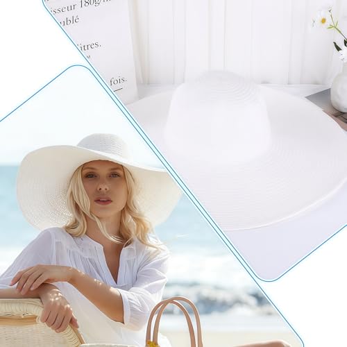 1Pcs Women Wide Brim Straw Hat Foldable Beach Floppy Sun Hat White for Head Circumference 22-22.8in