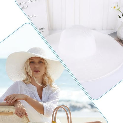 1Pcs Women Wide Brim Straw Hat Foldable Beach Floppy Sun Hat White for Head Circumference 22-22.8in