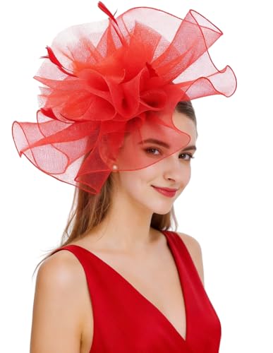 Z&X Sinamay Fascinator Hat Floral Feather Pillbox Derby Hats for Women Wedding Tea Party with Headband Clip - color: 006b Red