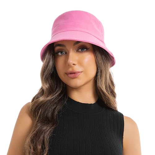 Wheebo Solid Color Bucket Hat for Women Summer Beach Fishmen Hat for Lady Adult Unisex Cotton Cap…… - color: A-sc-hot Pink