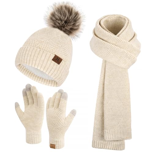 FZ FANTASTIC ZONE Women's Winter Warm Beanie Hats Scarf Touchscreen Gloves - color: Apricot