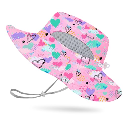 ICOSY Kids Sun Hat, UPF 50+ Girls Beach Hat for Toddler Kids - color: Pink Hearts