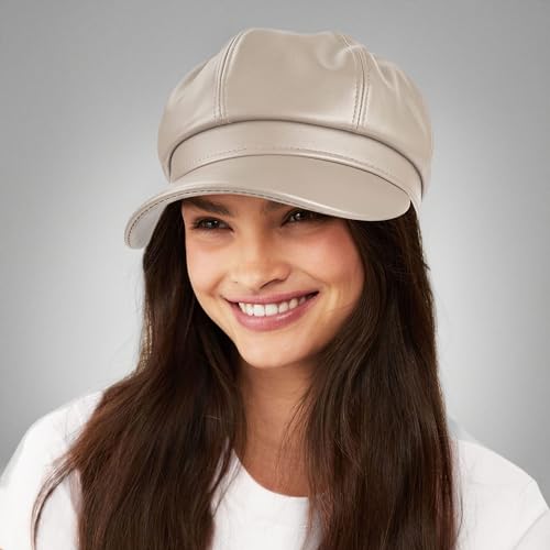 Womens PU Leather Newsboy Cap Paperboy Newsie Cap Bakerboy Beret Cabbie Hat - color: Beige