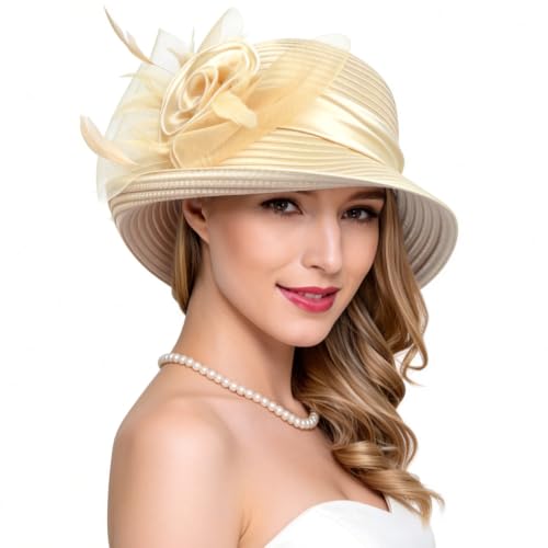 Ruphedy Women Derby Church Dress Bucket Hat Fascinators Tea Party Wedding Hat - color: Champagne