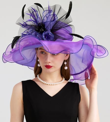 Women Organza Derby Hat Fascinator Tea Party Wedding Church Derby Hat Fascinator Hats Dual-use - color: 02b Purple