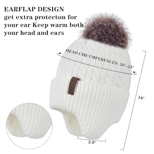 FENELY Women's Knitted Warm Beanie Winter Hat, Warm Chunky Snow Hat with Pompom - color: White