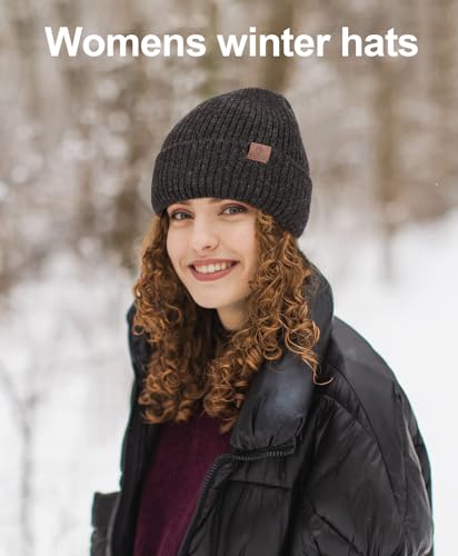 ZTL Merino Wool Beanie Hat for Men Women, Thick Warm Fleece Lined Knit Winter Hats Cuffed Beanie Stocking Hat Ski Skull Cap - color: Black Grey Mix