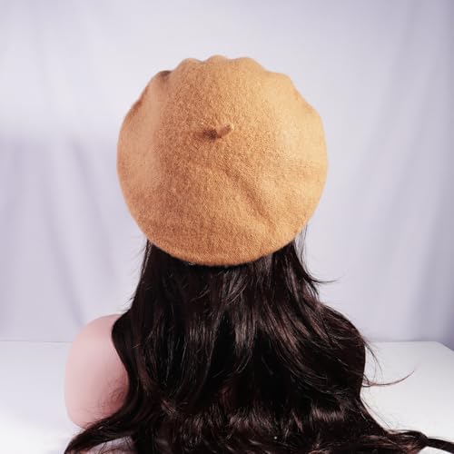 French Style Acrylic Beret - Solid Color Wool-Look Classic Winter Beanie Hat - color: Camel