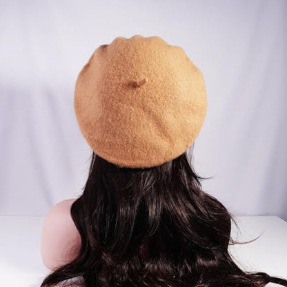 French Style Acrylic Beret - Solid Color Wool-Look Classic Winter Beanie Hat - color: Camel