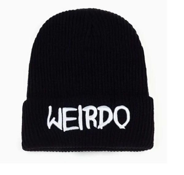 Weirdo Black Knit Beanie, Ribbed Winter Hat with Embroidered Text