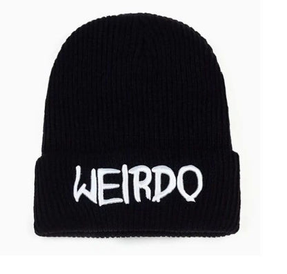 Weirdo Black Knit Beanie, Ribbed Winter Hat with Embroidered Text