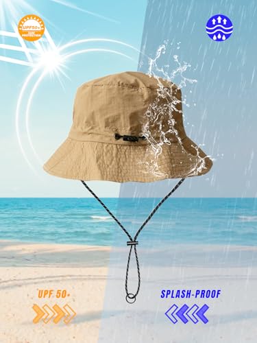 Splash-Proof Packable Bucket Hat for Men Women Lightweight Foldable Fishing Hiking Sun Hat with Adjustable Chin Strap - color: Khaki