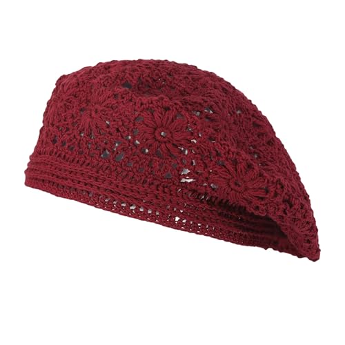 ZLYC Women Cotton Slouchy Crochet Beret Handmade Cutout Floral Beanie Hat - color: Plain Burgundy