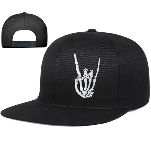 Embroidery Skull Skeleton Snapback Hats for Men Christian Jesus Cross Flat Bill Brim Hats for Men Fitted Baseball Hat Mens - color: Skeleton Fingers