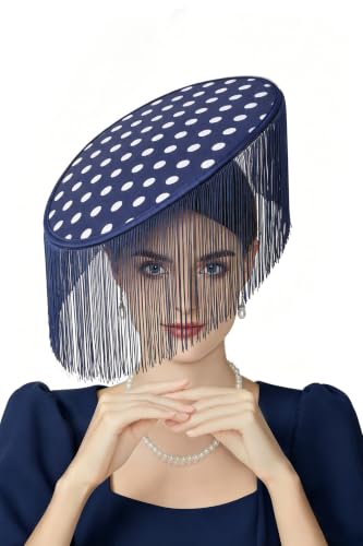Coucoland Polka Dot Fascinators Hats for Women Flat Derby Hat with Tassels - color: Navy Blue