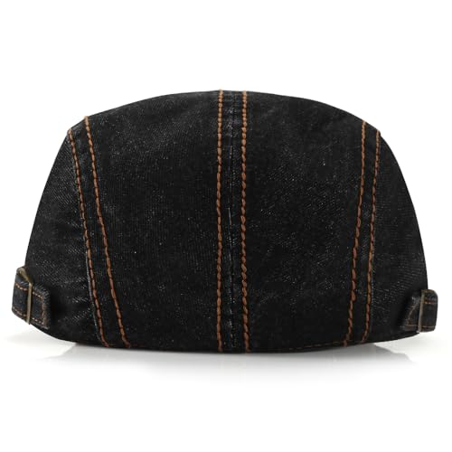 Mens Herringbone Tweed Newsboy Cap Flat Ivy Gatsby Hat Adjustable Cabbie Cap for Women - color: Denim Black