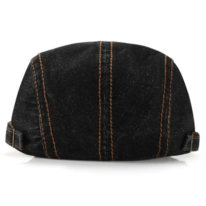 Mens Herringbone Tweed Newsboy Cap Flat Ivy Gatsby Hat Adjustable Cabbie Cap for Women - color: Denim Black