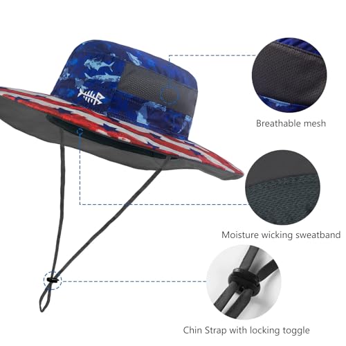 BASSDASH UPF 50+ Fishing Sun Hat Water Resistant Unisex Wide Brim Bucket Boonie Hat for Hiking Camping Safari FH15 - color: Americana, size: Large