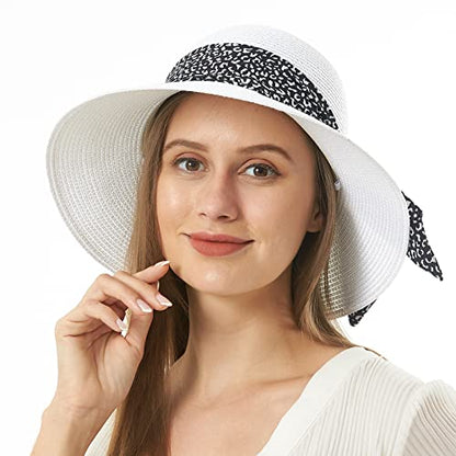 Womens Straw Sun Hat Summer Beach Wide Brim UV Protection Hats with Chin Strap Floppy Foldable Cute Bowknot UPF 50 Cap - color: Leopard White