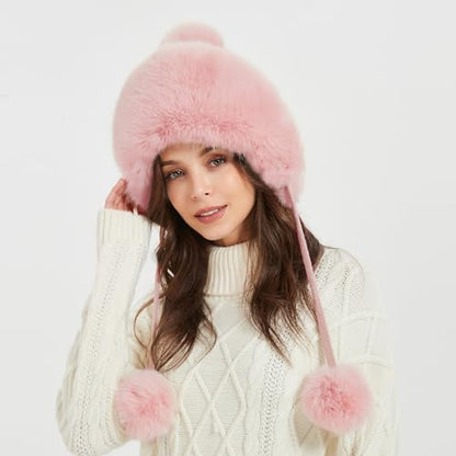 Winter Hats Cute Kint Hat Russian Fur Crochet Hat Slouchy Beanies with Pompom Warm Fuzzy Snow Cap Trapper Hat for Women - color: Dark Pink