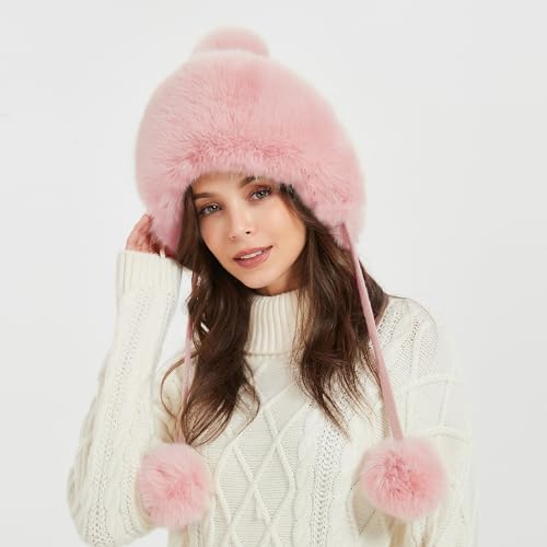 Winter Hats Cute Kint Hat Russian Fur Crochet Hat Slouchy Beanies with Pompom Warm Fuzzy Snow Cap Trapper Hat for Women - color: Dark Pink