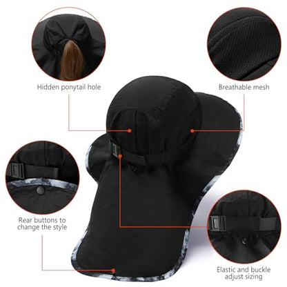 BASSDASH UPF 50+ Unisex Water Resistant Wide Brim Sun Hat with Large Neck Flap Ponytail Fishing Hat for Men Women - color: Black/Splash Black