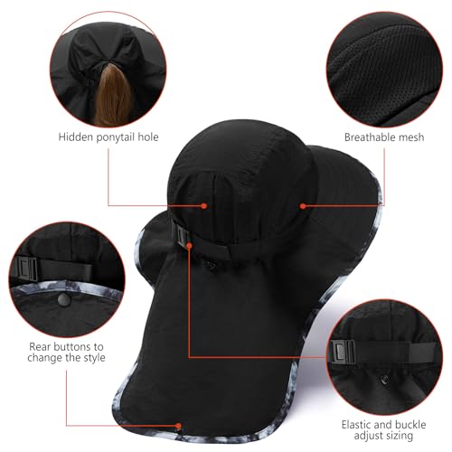 BASSDASH UPF 50+ Unisex Water Resistant Wide Brim Sun Hat with Large Neck Flap Ponytail Fishing Hat for Men Women - color: Black/Splash Black