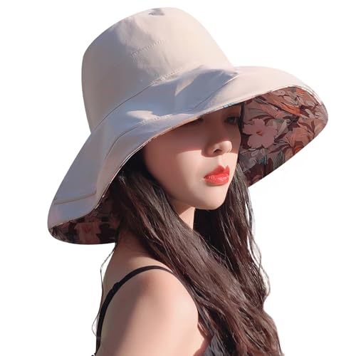 Women Bohemian Reversible Sun Hat Wide Brim Fishing Hats - color: Beige Floral