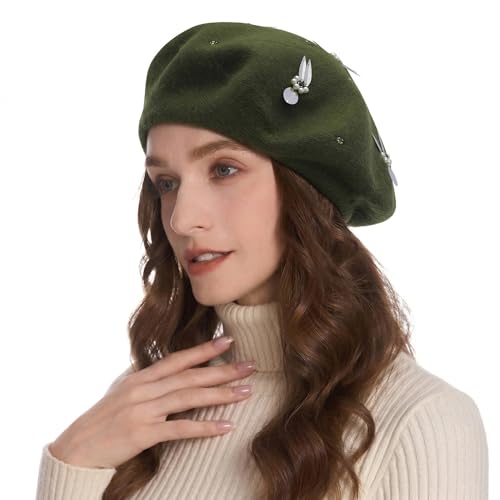 ZLYC Women French Beret Hat Reversible Knit Thickened Warm Artist Cap - color: Paillettes Bunny Army Green