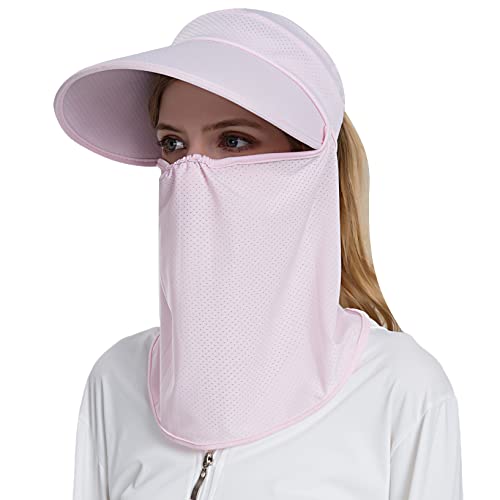 Women Wide Brim Face Mask Sun Hat Detachable Neck Face Flap Ponytail UV Protection Visor Hat Garden Fishing Hiking - color: Bg8094-pink