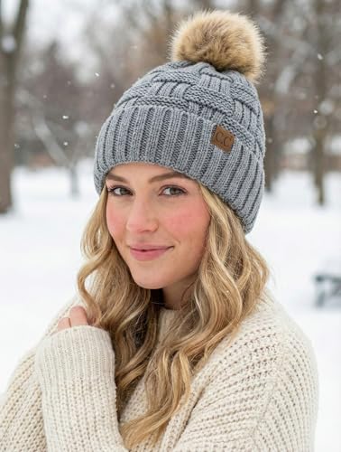 C.C Knit Beanie Hat – Fuzzy Fleece Lined Warm Winter Hat, Faux Fur Pom Soft Stretchy Slouchy Knit Cap, Cold Weather Beanie - color: Light Melange Grey
