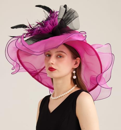 ORIDOOR Women Hats Headband Hairpin Organza Fascinator Church Hat Floral Tea Party Wedding Hat - color: 007 Rose Red