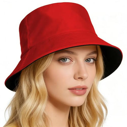 Bucket Hat for Men and Women 2-in-1 Reversible Sun Protection Fashion Flat Top Cap for Fishing Travel Beach Sports - color: Red-black