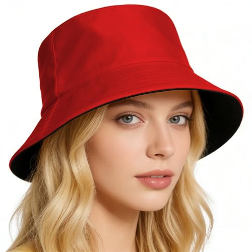 Bucket Hat for Men and Women 2-in-1 Reversible Sun Protection Fashion Flat Top Cap for Fishing Travel Beach Sports - color: Red-black