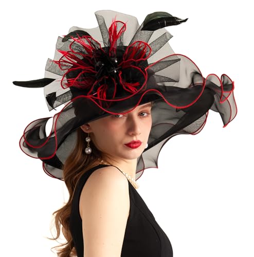 Women Derby Church Hat Organza Flower Wedding Tea Party Fascinator Wide Brim Sun Hat - color: 10-black Red