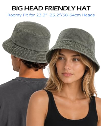 Zylioo XL XXL Bucket Hat for Big Heads, Washed Cotton Sun Hat - color: Army Green-lined, size: Large