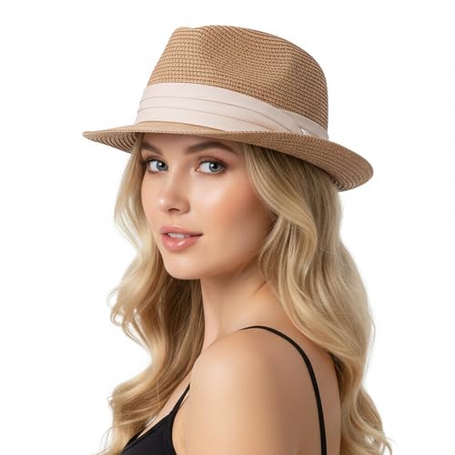 Straw Sun Hat for Men Women Short Brim Beach Trilby Hat UPF 50+ - color: Khaki